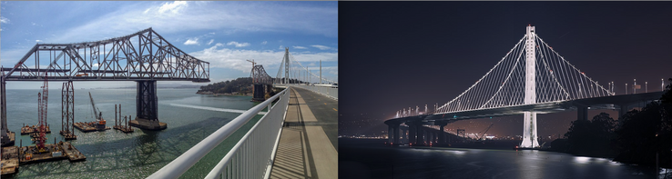 side by side photos of removal of old eastern span of Bay Bridge and new replacement span