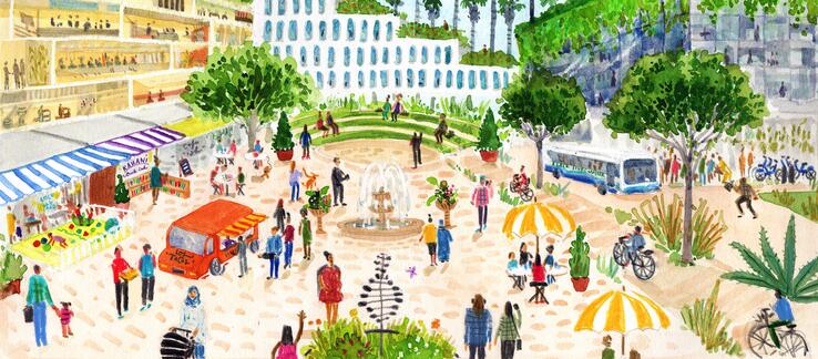 illustration of a mixed-used downtown with offices, restaurants, childcare, retail, greenspace and transit