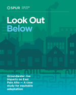 Report cover with abstract illustration of groundwater rising up toward underground pipes and the buildings above ground