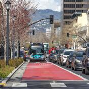 Bus in bus lane, Broadway, Oakland